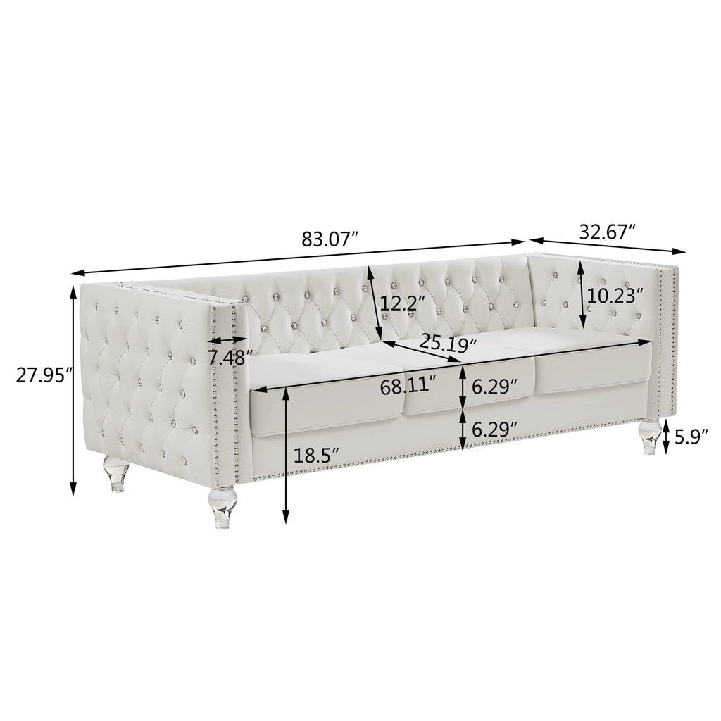 3 Seater Sofa Couch with Buttons and Square Arms 83.07 Inch Tufted 3-seat Sofas with Trimmed Nailhead and Acrylic