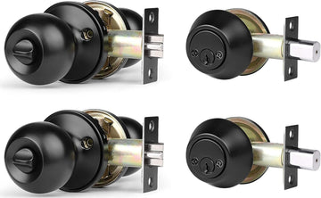2 Pack Keyed Alike Entry Door Knob and Dingle Cylinder Deadbolt Combination Set, Black Door Lock Set for
