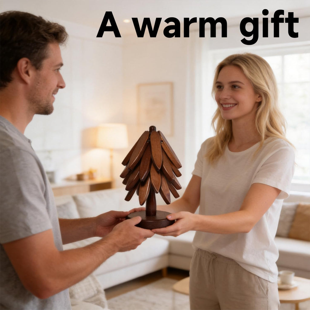 Wooden Tree Coasters Set, Black Walnut Tree Trivet for Hot Dishes, Foldable Stackable Trivets with Stand, Heat - Set of 6