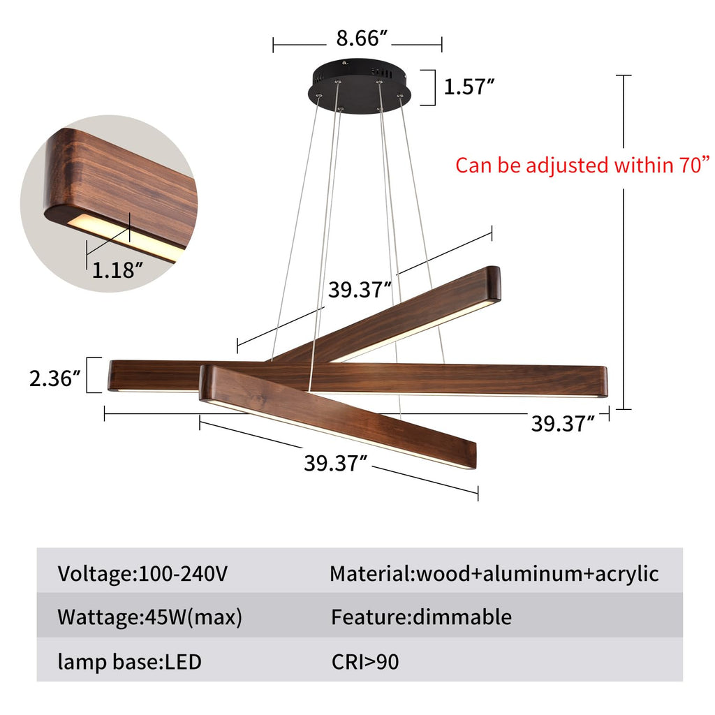 Linear Pendant,Dining Room Light Fixture,Modern Led Chandeliers,Dimmable Wood Ceiling Pendant Light,45W