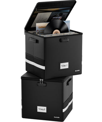 Vinyl Record Storage Box with Lock, Fireproof Record Organizer Storage for 100+ Single Records(12-inch), Collapsible