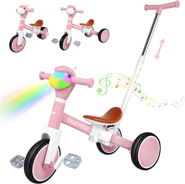 In-1 Kids Tricycle with Lights & Music, Adjustable Push Kids Bike for 1-5 Year Olds, Kids Balance Bike & Tricycle