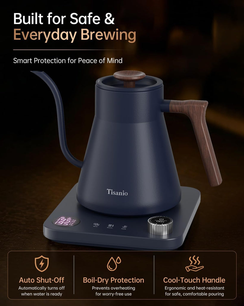 Gooseneck Electric Kettle with Temperature Control, 0.9L, Blue Wood | ±1°F Precision Pour Over Kettle, LCD Dual
