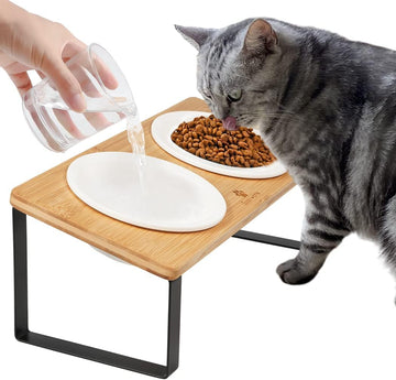 Ceramic Elevated Cat Bowls Raised Puppy Dishes for Food and Water Tilted Wooden Stand for Indoor Cats 5.5 inch Wide
