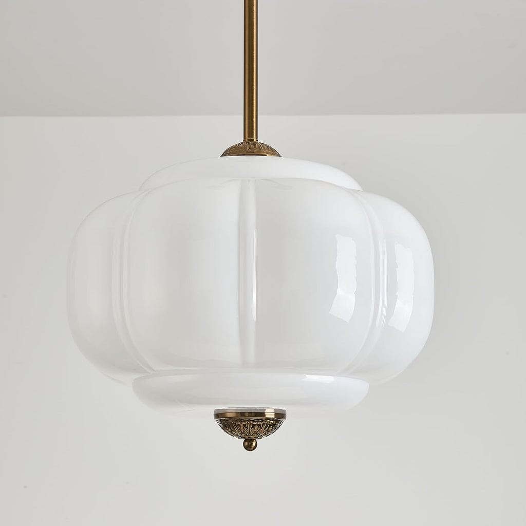 Milk Glass Ceiling Light Fixture, 15" Vintage Semi Flush Mount Pendant Light with Antique Brass Finish, Schoolhouse