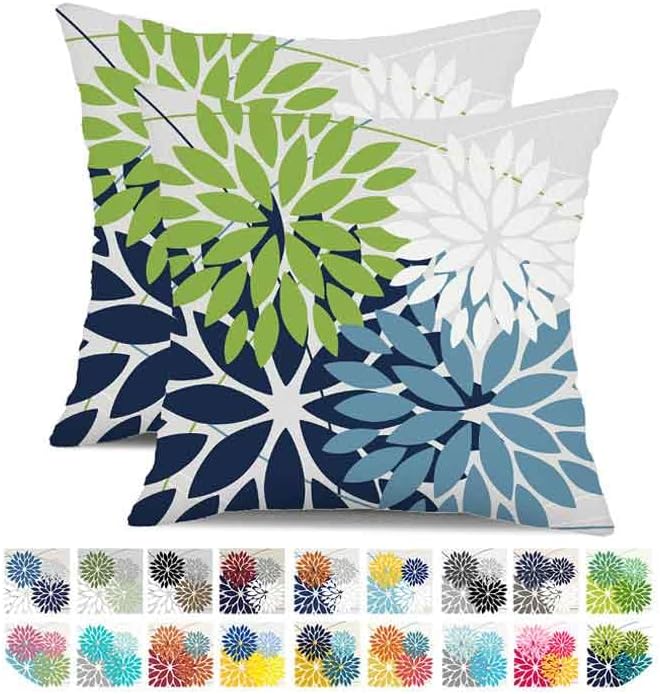 Outdoor Throw Pillow Covers 18x18 Inch Set of 2 Waterproof Spring Summer Geometric Elegant Blue Green Outdoor Pillow