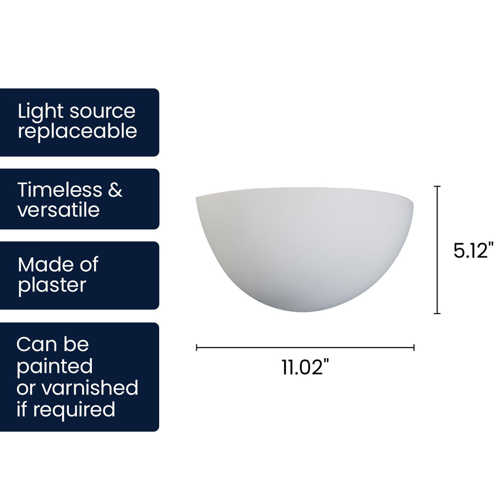 11" Paintable Plaster Wall Sconce Light, White Half Moon Wall Light Fixture with Indirect Uplight, Modern Indoor Wall
