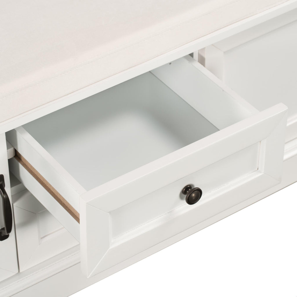 Rustic Storage Bench with 4 Doors 2 Draws Adjustable Shelves Removable Cushion Rectangular Cabinet Foot Rest Stool