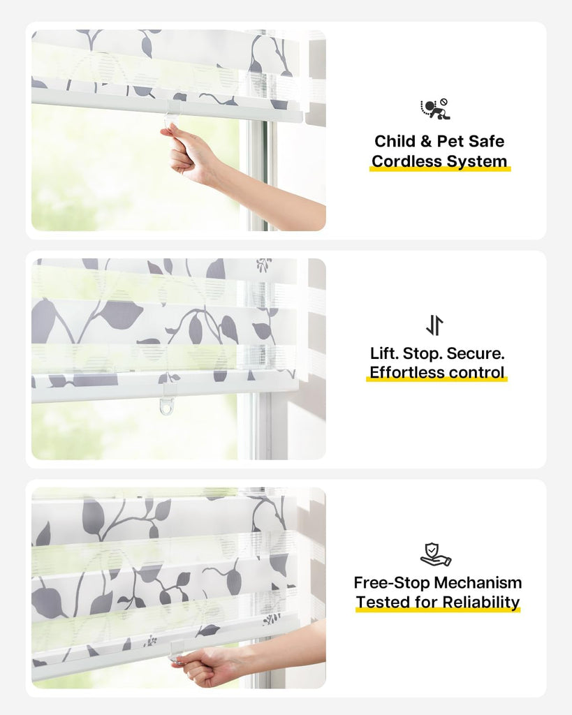 Cordless Zebra Blinds for Windows, Foggy Laurel, 27" W x 72" H | Patterned Dual Layer Free-Stop Roller Shades for