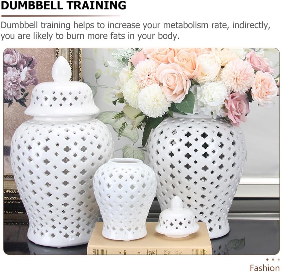 Ginger Jar Traditional Pierced Ginger Jar with Lid Ceramic Flower Vase Carved Lattice Decorative Temple Jar White
