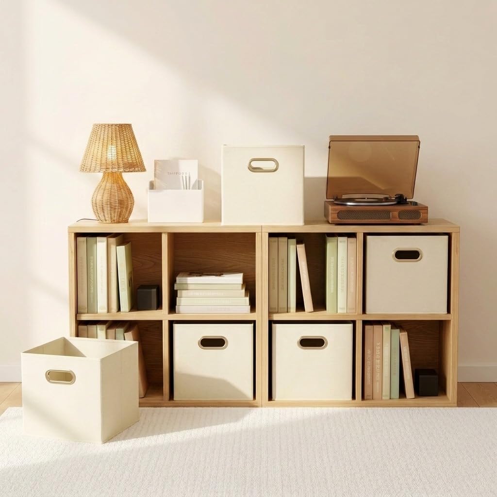 Fabric Storage Bins 6 Piece Set, Strong Poly-Woven Fabric, Sturdy Chipboard Sides, Grommet Front Handle, Stackable