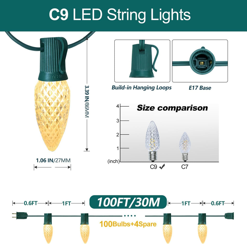 100Feet C9 LED Christmas Light Outdoor, E17 Warm White Vintage Bulb
