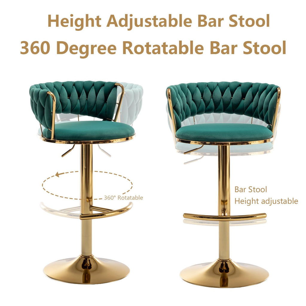 Velvet Bar Stools Set of 3, Counter Height Barstools with Low Back, Gold Swivel Bar Stool Island, Pub (Green)