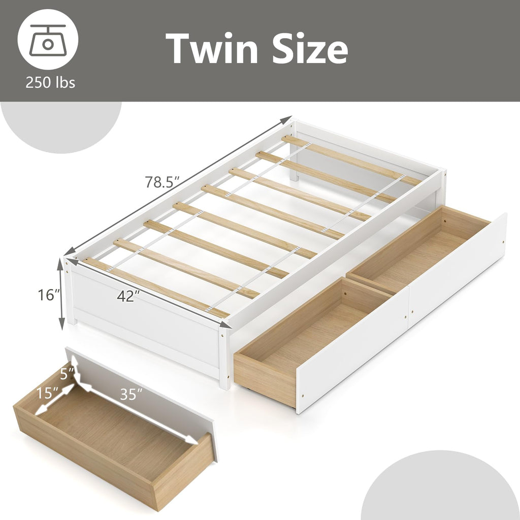 Twin Size Wood Platform Bed Frame with 2 Storage Drawers, Wooden Platform Bed with Slats Support, Daybed Frame, Twin