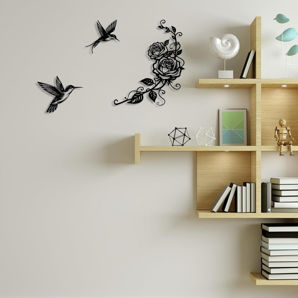 Flowers and Birds Metal Wall Art Black Hummingbird Rose for Modern Farmhouse Living Room Bedroom Bathroom - Set of 3