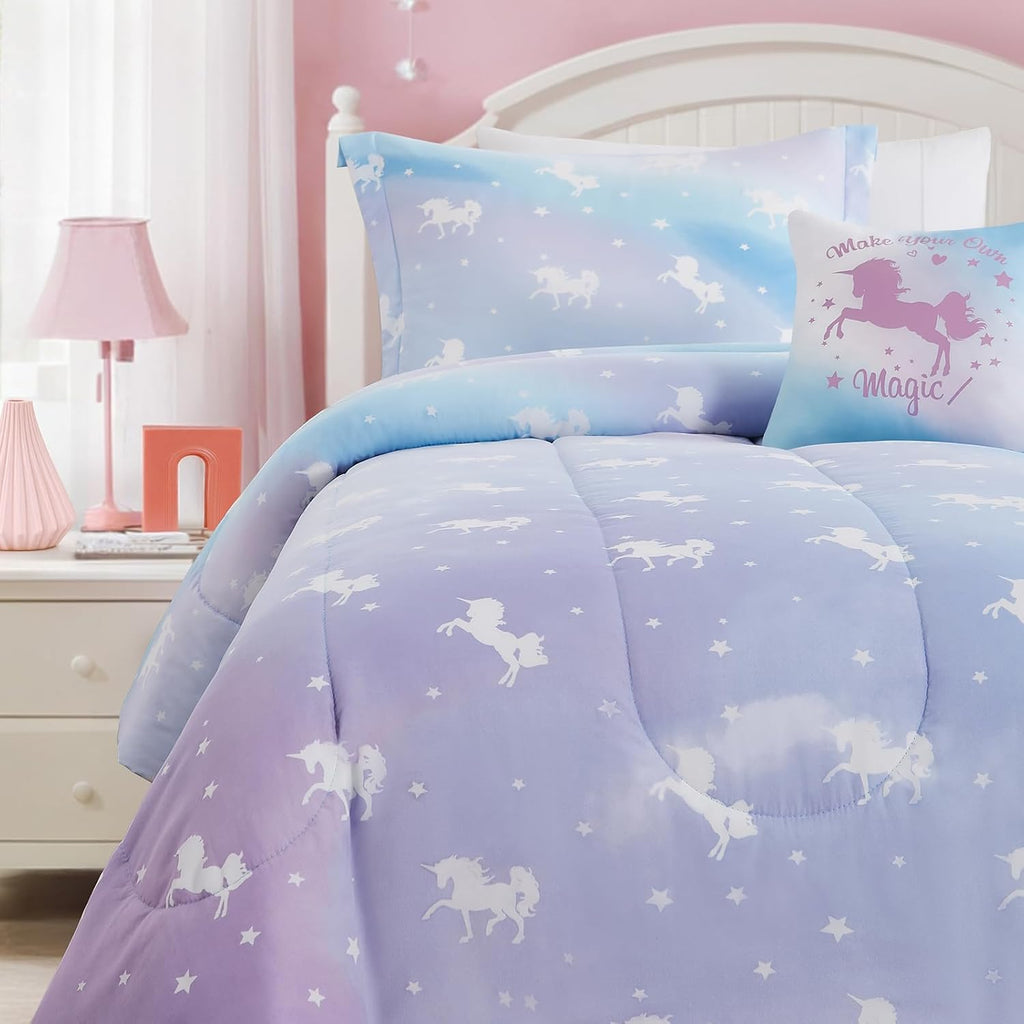 Twin Comforter Set for Girls-3 Pieces Unicorn Glow in the Dark Twin Bedding Sets for Kids,1 Comforter,1 Sham and 1