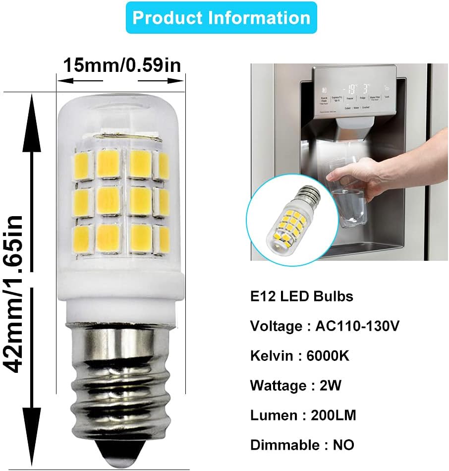 E12 LED Fridge Water Dispenser Light Bulb 2W E12 120V Daylight White 2-Pack