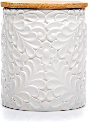 XXL 94 Oz Engraved Ceramic Kitchen Canister, Airtight Bamboo Lid
