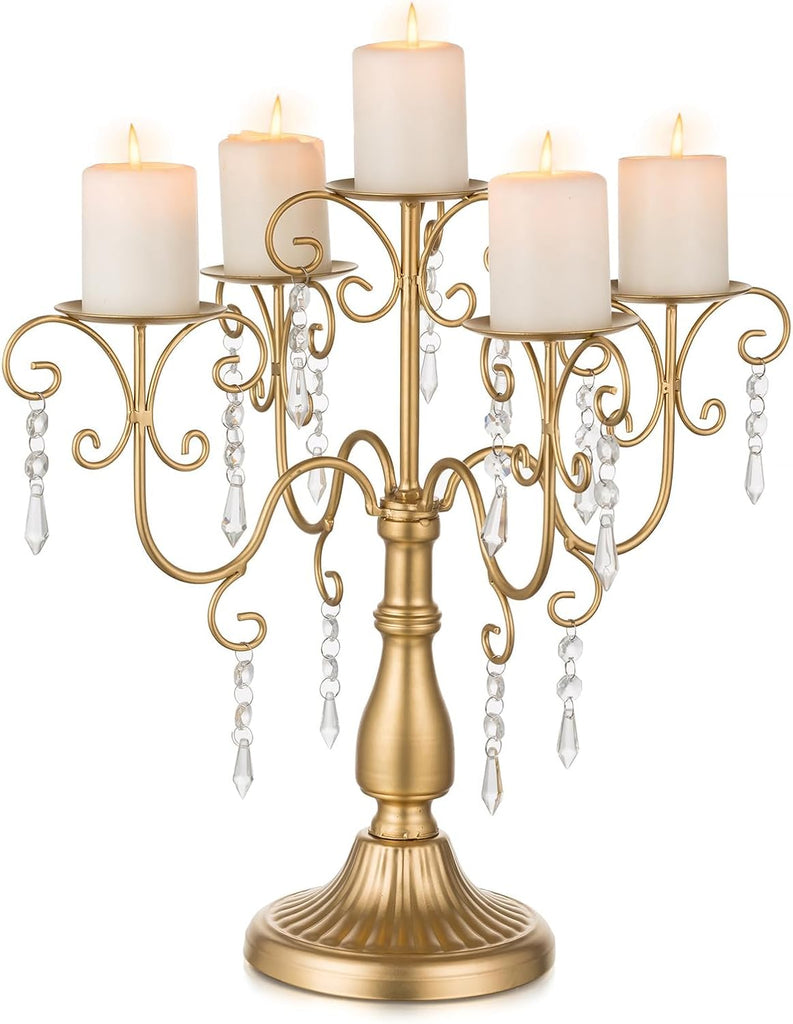 Candelabra Centerpieces Gold Candle Holder - 5 Arm Pillar Candle Holders with Crystal Beadsedding Candleholders