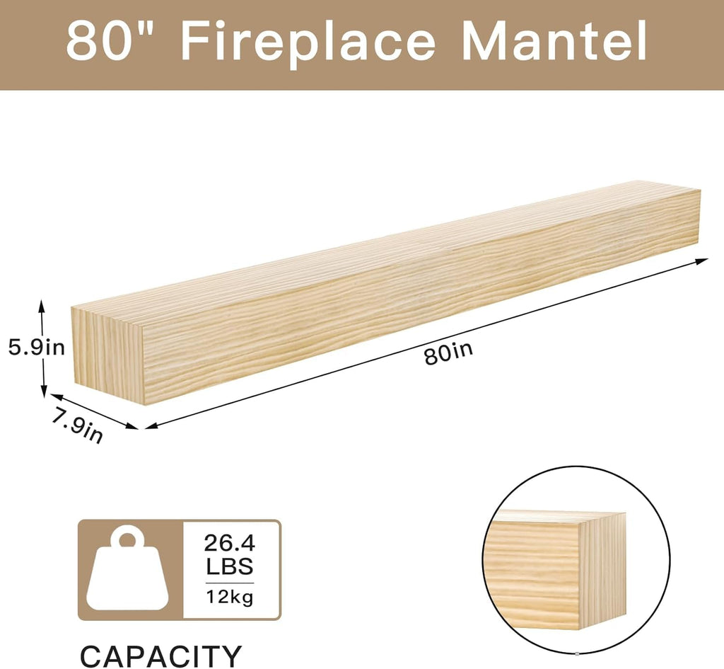 Fireplace Mantel Shelf, 80" Handcrafted Solid Wood Floating Shelf for Over Fireplace - Rustic Farmhouse Wall-Mounted