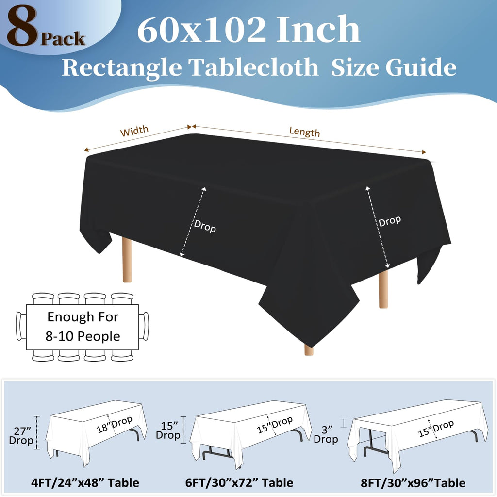 8 Pack 60 x 102 Inch Black Tablecloths for 6 Foot Rectangle Tables