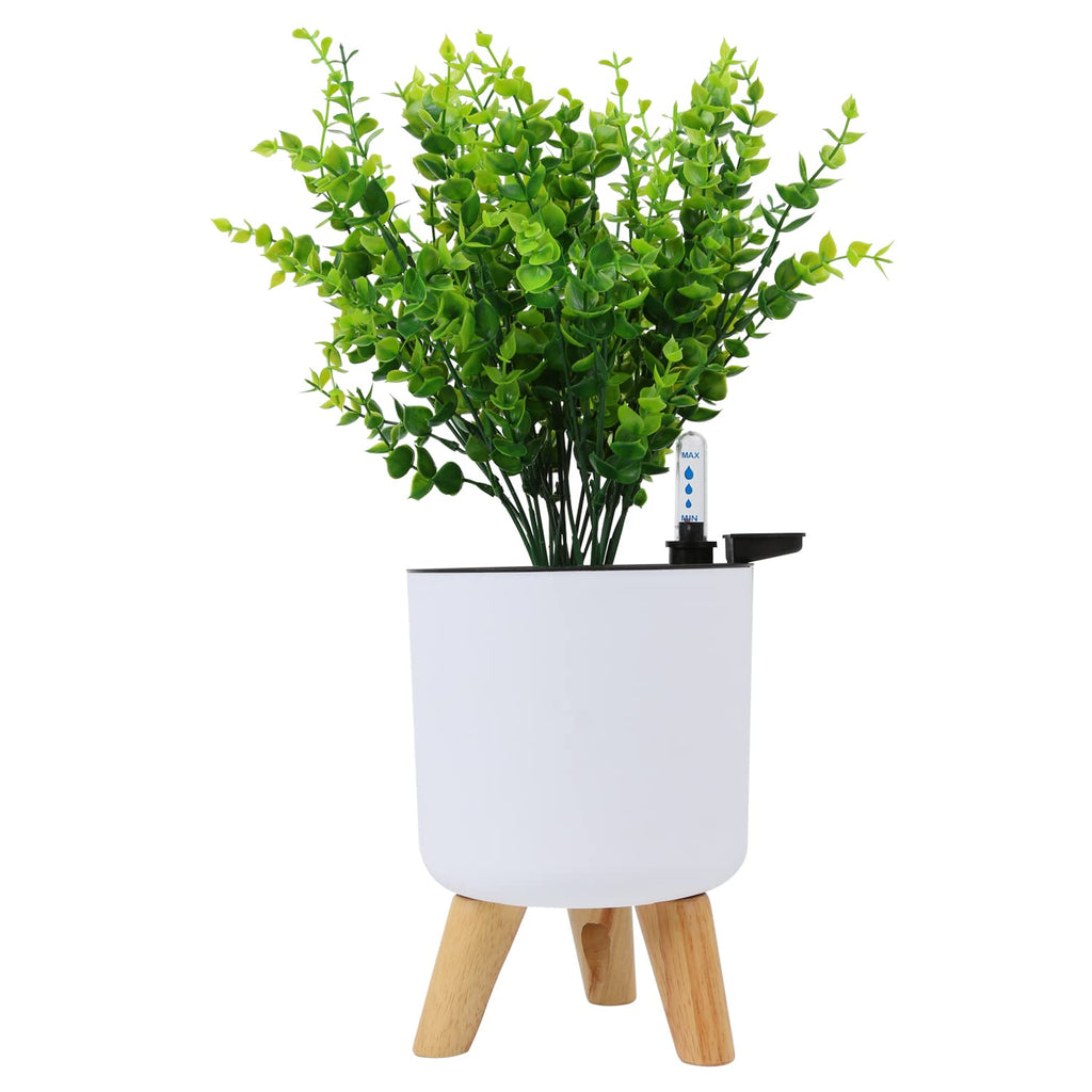 6.5" & 5.5" Self Watering Planters (2 Pack) for Indoor Plants with Water Indicator, White Modern Flower Pot with Wood