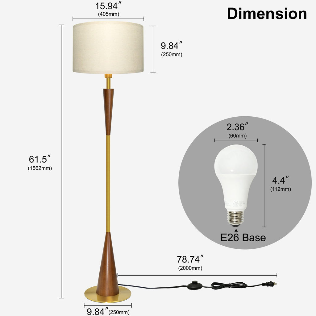 Floor Lamps, 61.5" Wood Floor Lamp, Retro Farmhouse Standing Lamp Includes 9W Bulb with 3-Color Temperature, Tall Lamp