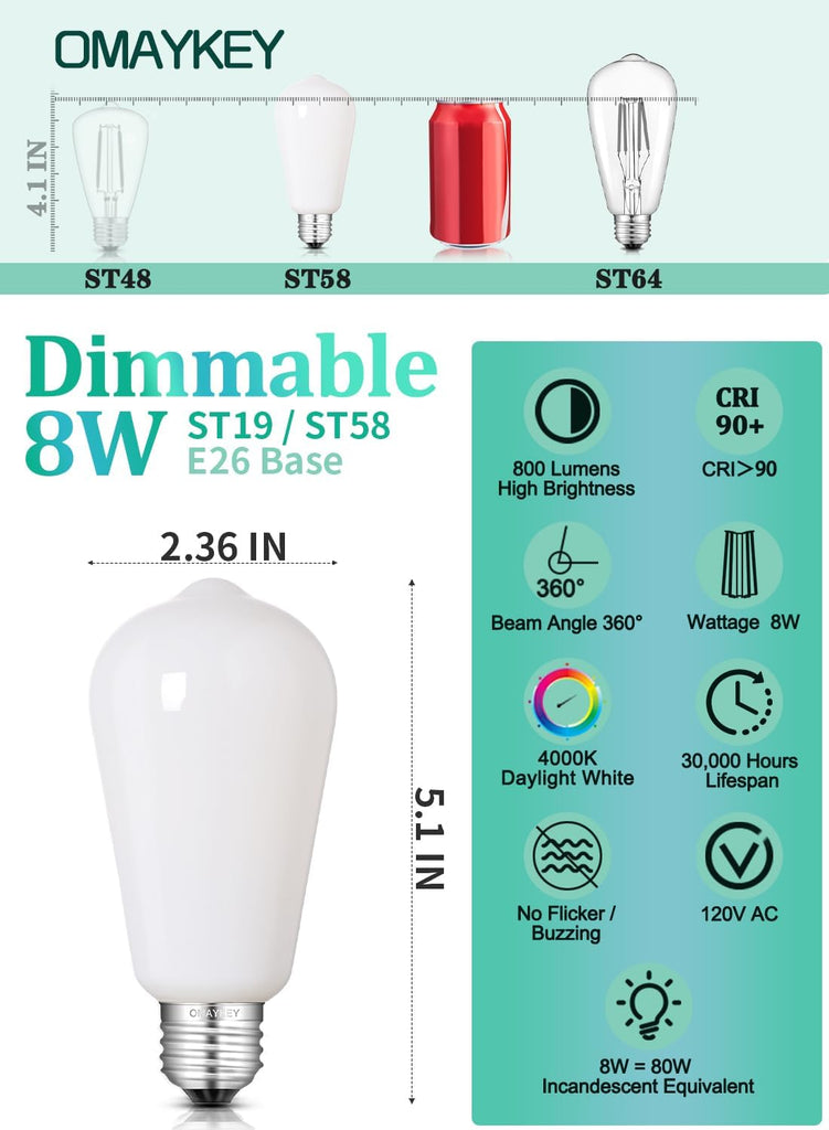 8W Dimmable ST58 Opal LED Bulbs, 4000K, 800 Lumens, 8 Packs