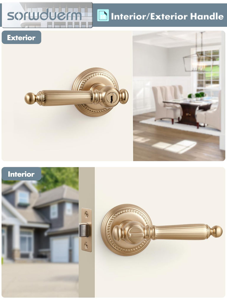1 Pack Champagne Bronze Door Lever with Lock and Key Entry Door Handle Door Lever Bedroom and Bathroom Zinc Alloy