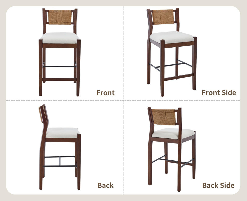 Rattan Counter Height Bar Stools Set of 2, 26" Boho Barstools with Woven Backs, Mid Century Walnut Wood Bar Stool