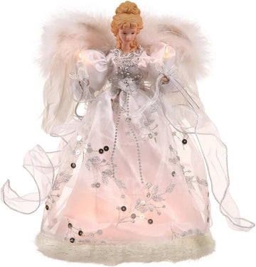 Ice Palace Lighted White and Silver Angel Christmas Tree Topper with Clear Lights, 12"