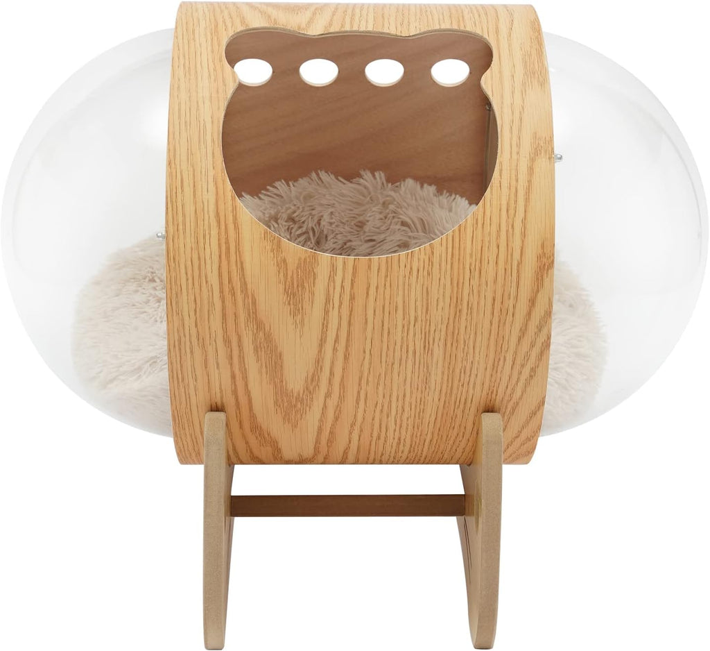 Wooden Cat Bed Capsule, Cat House Space Capsule with Cushion, Modern Pet Bed House Spaceship Space Capsule (23.6 *
