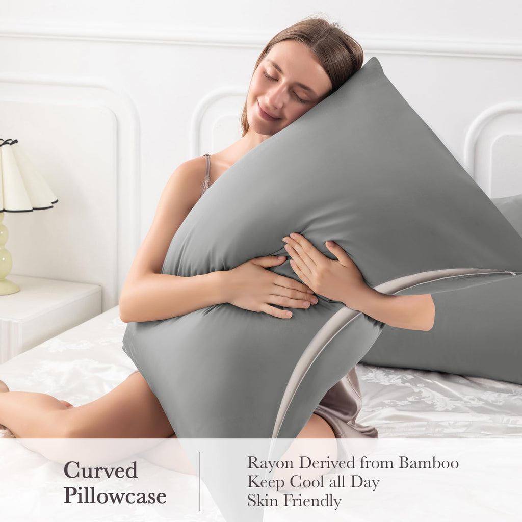 Curved Pillow Case Queen Size, Side Sleeper Pillow Cases Cover Cooling Rayon Derived from Bamboo with Zipper for hot