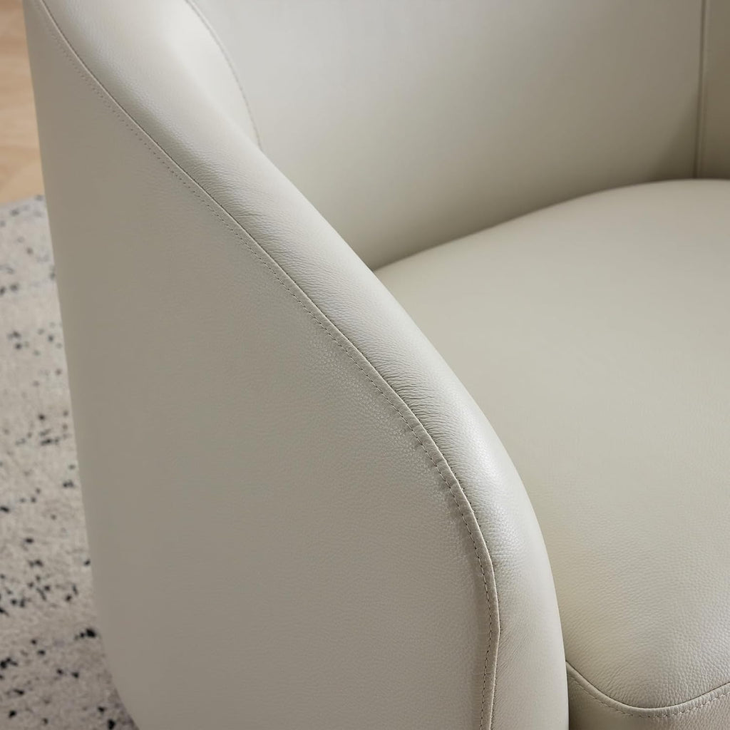 Genuine Leather Swivel Accent Chair, Barrel Chair, Soft Greige
