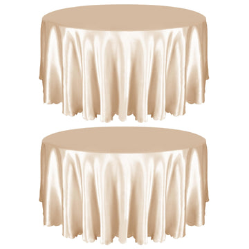 2 Pack 120 Inch Round Satin Tablecloth, Champagne, for 8-12 Seats