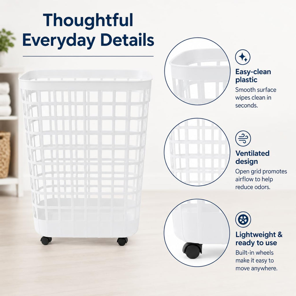 White Rolling Laundry Hamper 2.6 Bushel with Smooth-Glide Wheels