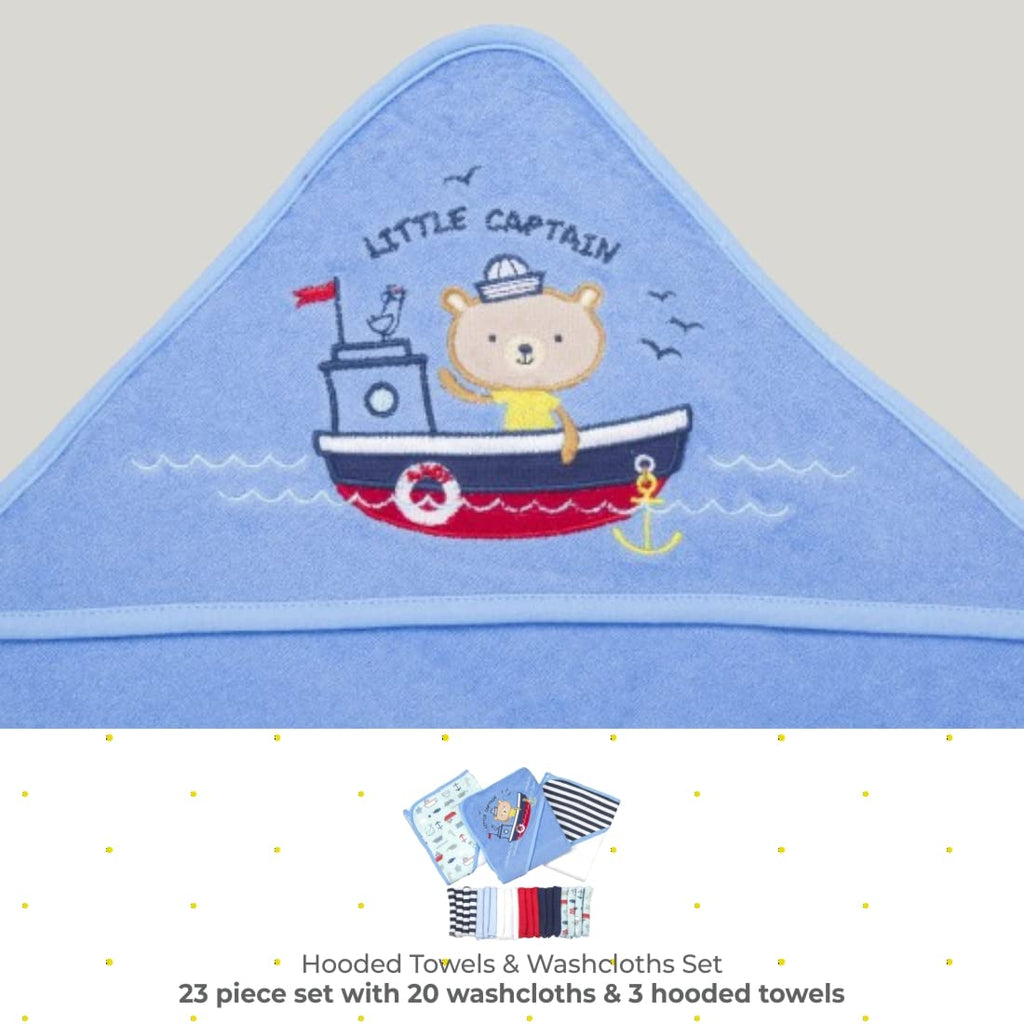 23-Piece Soft Terry Hooded Bath Towel and Washcloth Set, 3 Baby Towels and 20 Baby Washcloths for Newborn Boys and