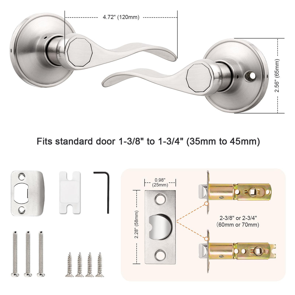Satin Nickel Passage Door Levers, Wave Style Handles Keyless Interior Leversets and Closet, 6 Pack