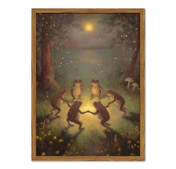 Vintage Framed Whimsical Frog Wall Art, Funny Cottagecore Frogs Dancing in Moonlight Forest Wall Decor Paintings