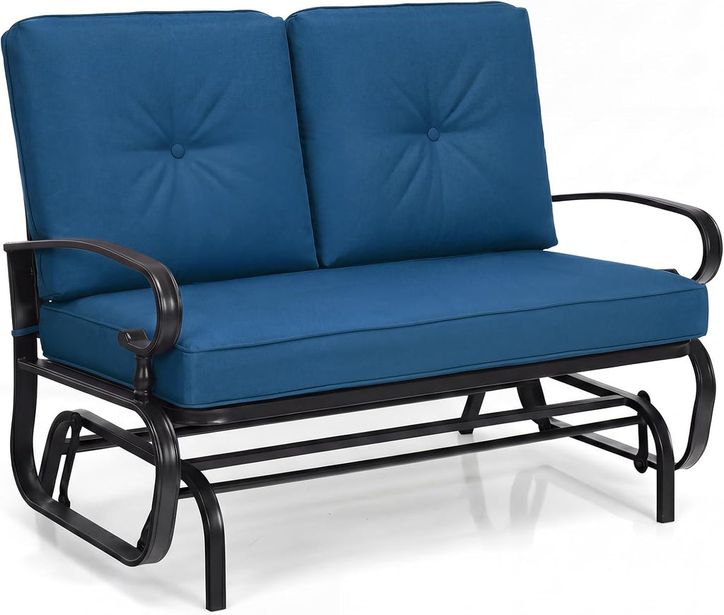 Outdoor Glider Bench, Patio 2 Person Loveseat with Removable Cushion, Thick Padded Seat, Stable Steel Frame, Outside