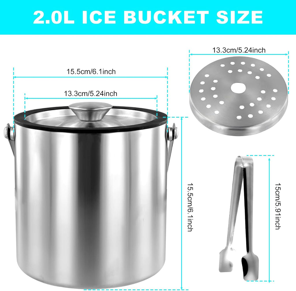 Ice Bucket with Lid Strainer Tong,2QT Double Walled Stainless Steel Insulated Ice Bucket Container,Good Sealing Ice