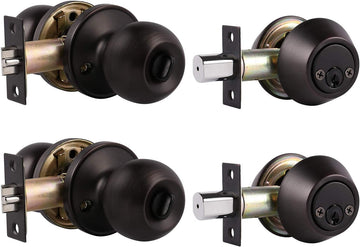 2 Pack Exterior Door Knob and Deadbolt Set, Oil Rubbed Bronze Entry Door Lock Sets with Double Cylinder Deadbolt