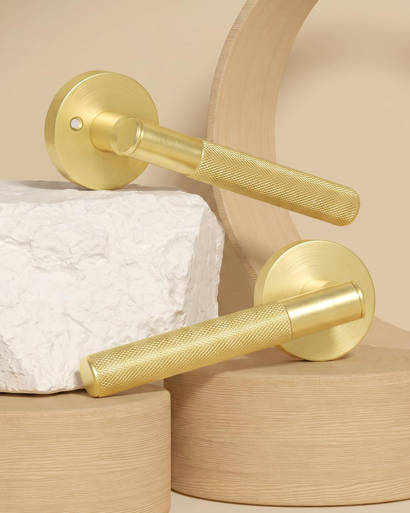 1 Pack Gold Door Handle Interior, Knurled Brushed Gold Door Handle, Passage Door Handle s and Closets, Reversible