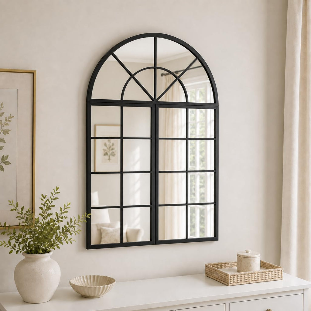 Large Black Arched Window Mirror, 32 x 47.2 in, 3-Piece Set