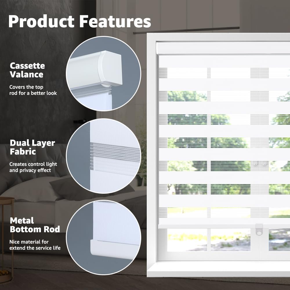Cordless Zebra Blinds for Window, French Door Blinds Free-Stop Roller Window Shades with Valance 35" W x 90" H, Light