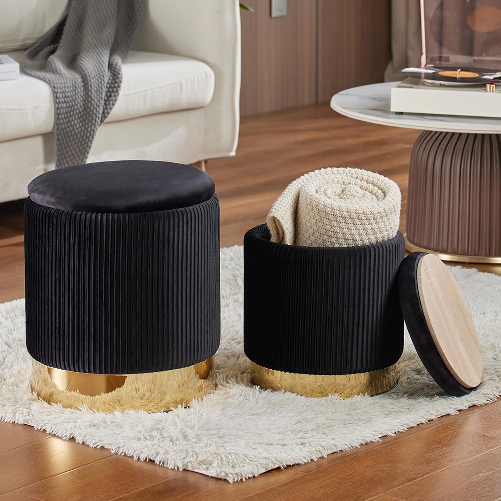 Round Ottoman with Storage Set of 2 Black Velvet Vanity Stool | Upholstered,Small Ottoman Coffee Table,Removable