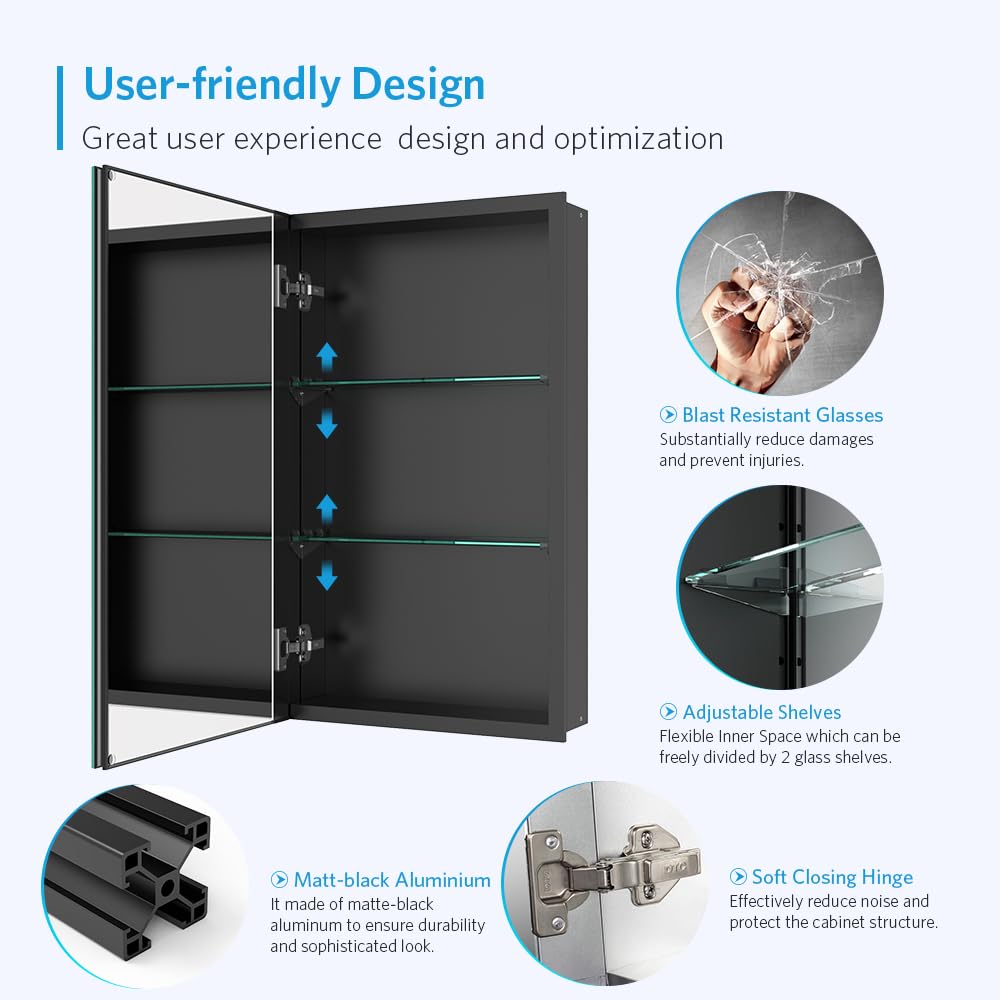16"x26" Medicine Cabinet with Mirror, Recessed or Surface, Black