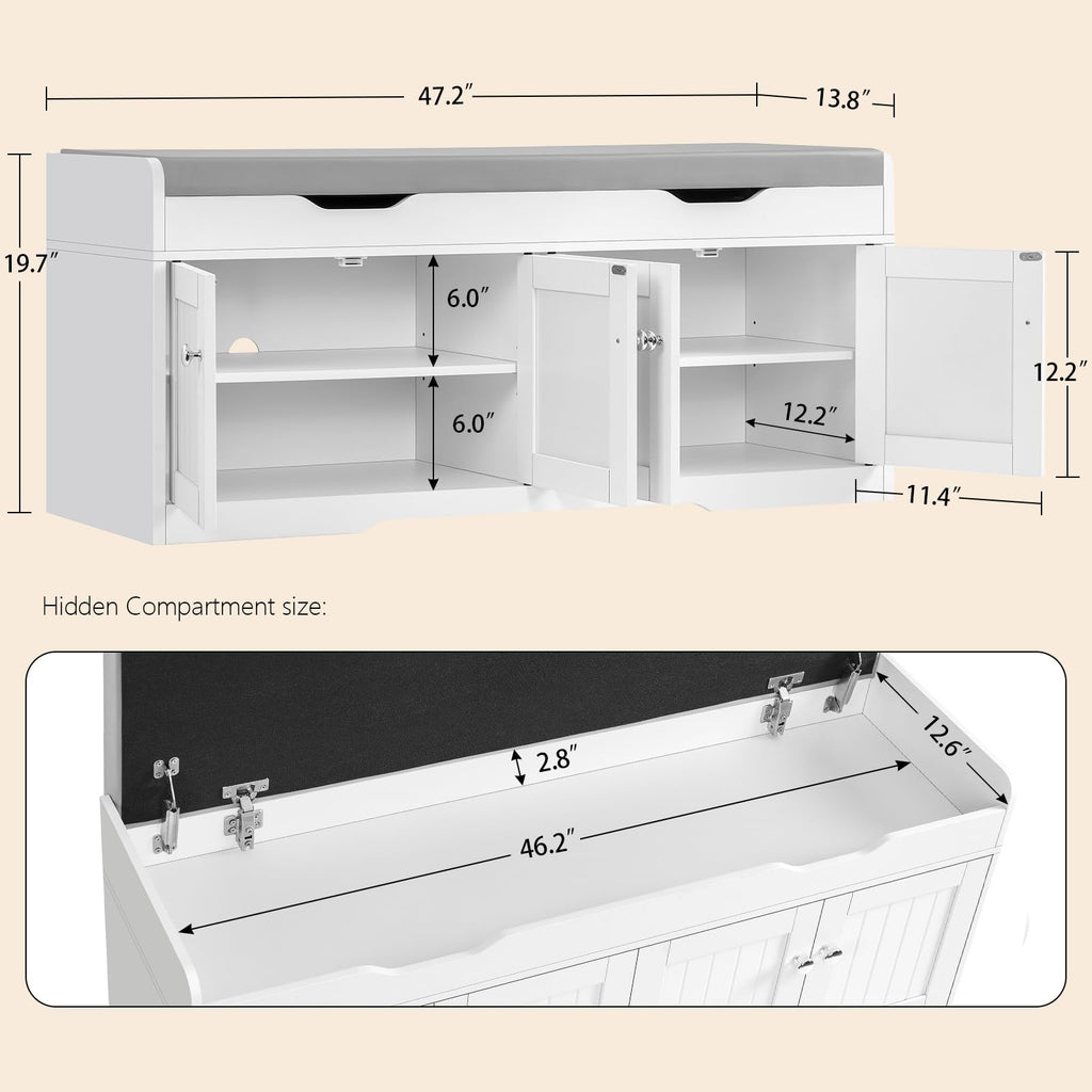 3-Tier Storage Bench, 47.2" Wide Shoe Bench with Lift Top Storage & 2 Adjustable Shelves, Entryway Bench with Padded