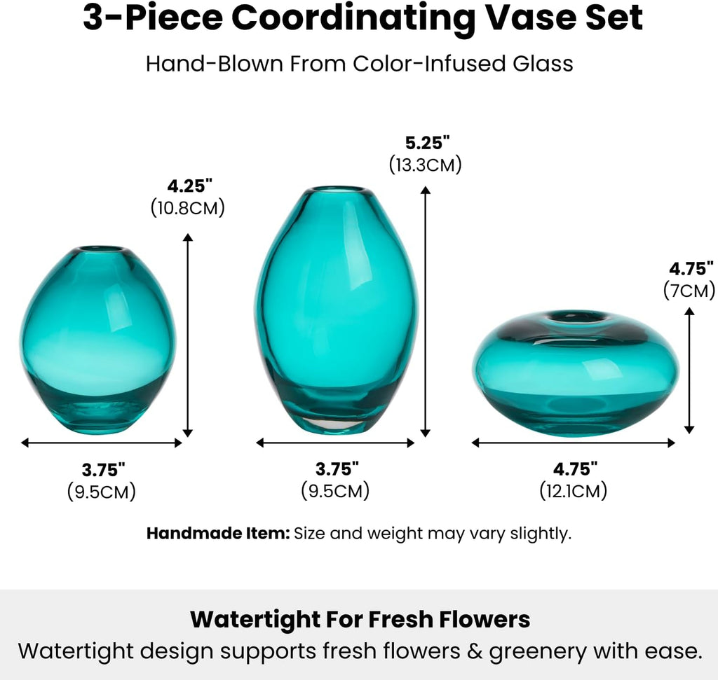 Blown Glass Teal Bud Vases - Hand Blown Turquise Vase Set & Clear Small Teal Vase for Flowers, Glass - Set of 3