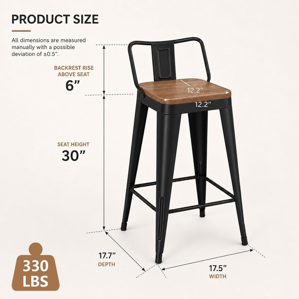 Metal Bar Stools Set of 4, 30" Black Bar Height Stools with Back